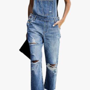 Distressed Stretch Denim Overalls